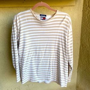 Tommy Hilfiger Ladies Womens Tan Striped Casual Cotton Long Sleeve Top Sz Large